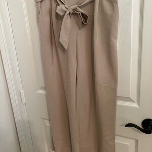 LOFT Taupe Wide-Leg Tie-Waist Jumpsuit